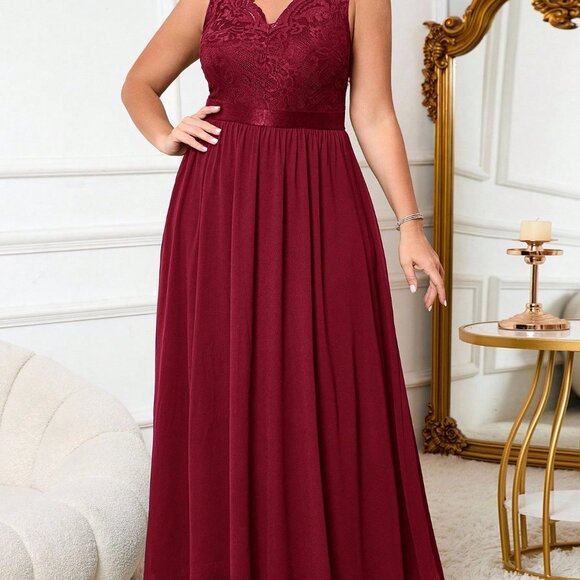 Burgundy Elegant Women's Plus Size Sleeveless Waist Cinched Party Dress - Picture 5 of 7